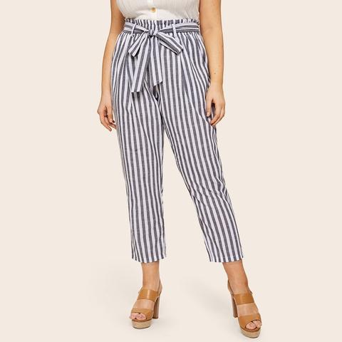 Plus Paperbag Waist Belted Stripe Pants