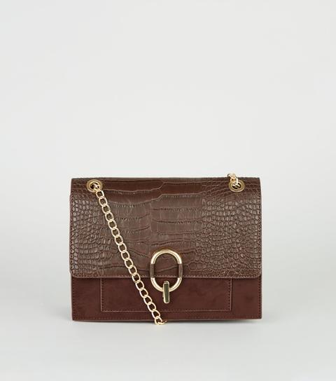 Brown Leather-look Faux Croc Shoulder Bag New Look Vegan