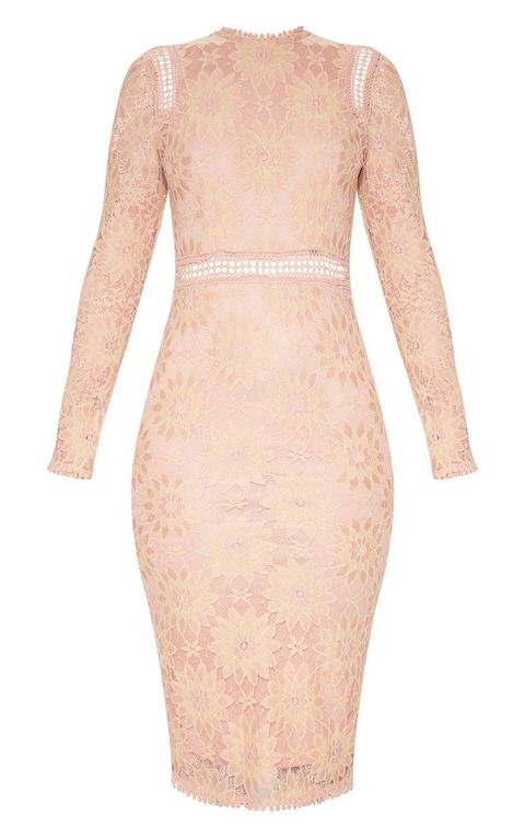 dusty pink long sleeve lace bodycon dress