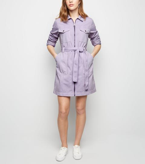 Lilac Denim Utility Shirt Dress New 