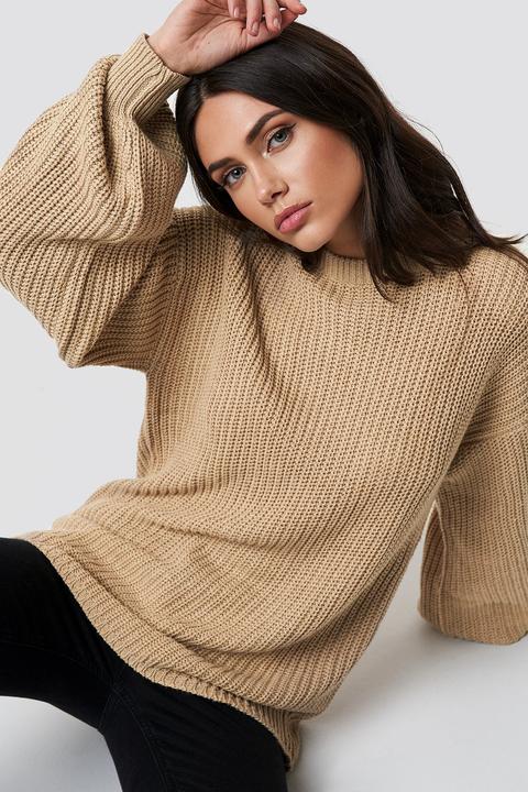 Dropped Shoulder Knitted Sweater Beige