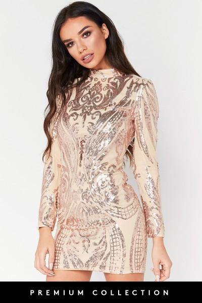 Paige Rose Gold High Neck Sequin Mini Dress