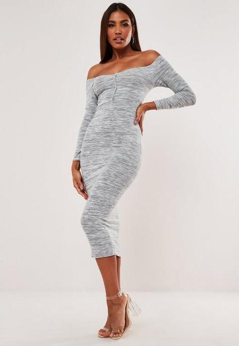 Grey Cut And Sew Off Shoulder Long Sleeve Midaxi Dress, Grey