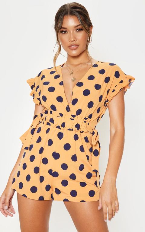 Tangerine Polka Dot Plunge Frill Sleeve Romper