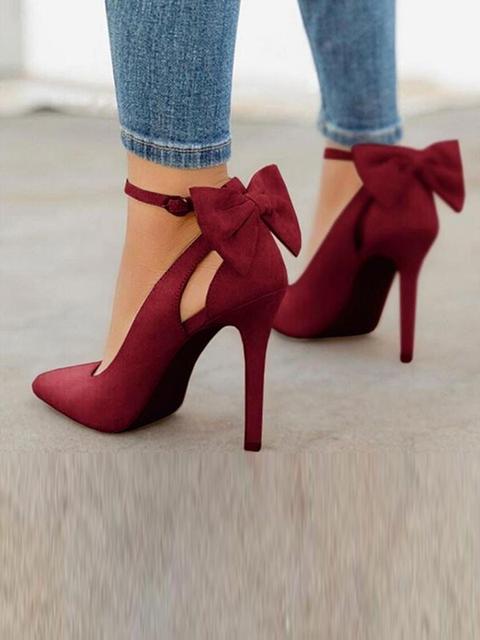 Scarpe Punta A Spillo Cravatta A Spillo Moda Con Tacco Alto Vino Rosso