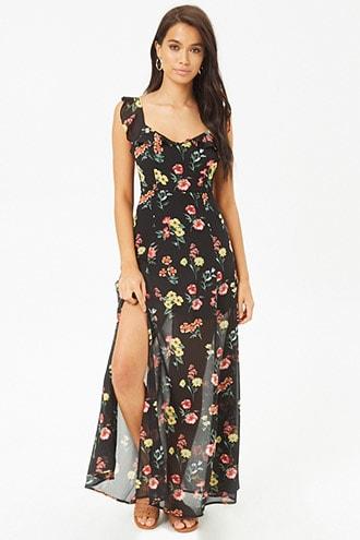 Forever 21 Floral Open-back Maxi Dress Black/red