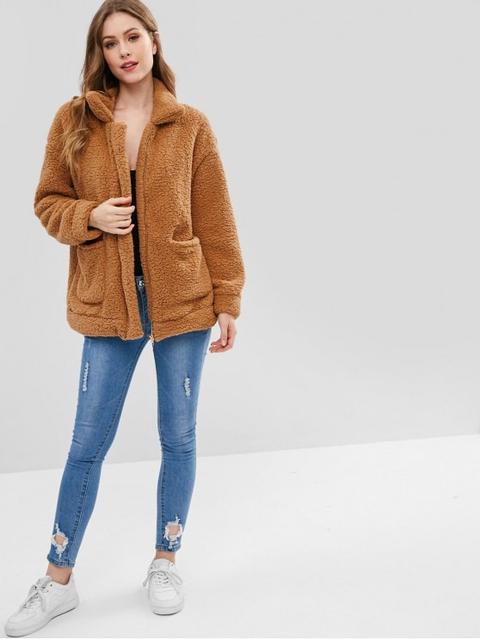 zip up fluffy faux fur winter coat