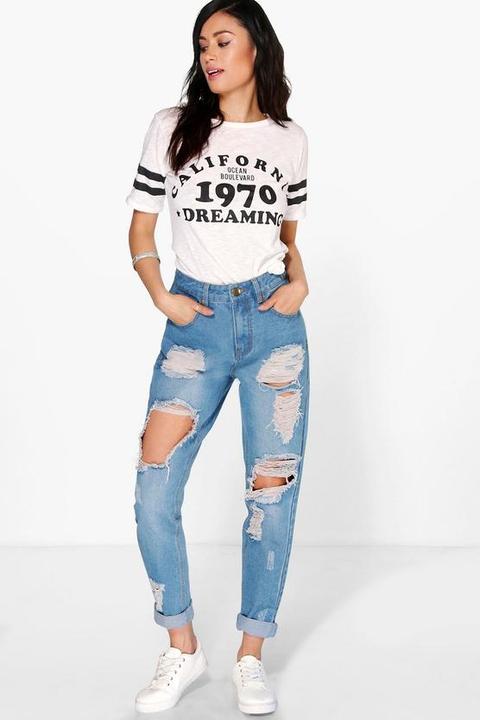 High Wst Light Wash Distress Mom Jeans
