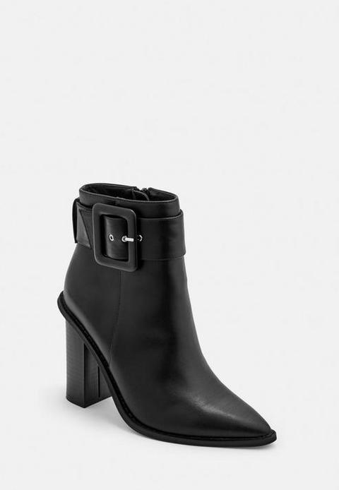 Black Buckle Block Heel Pointed Ankle Boots, Black