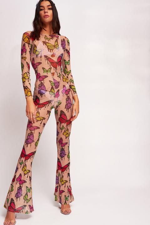 Butterfly Print Mesh Flared Leg Catsuit