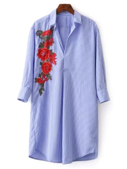 Vestido Camisero De Túnica A Rayas Con Bordado De Flores Blue