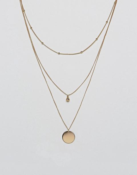 Asos Design Dot Dash And Disc Multirow Necklace-gold