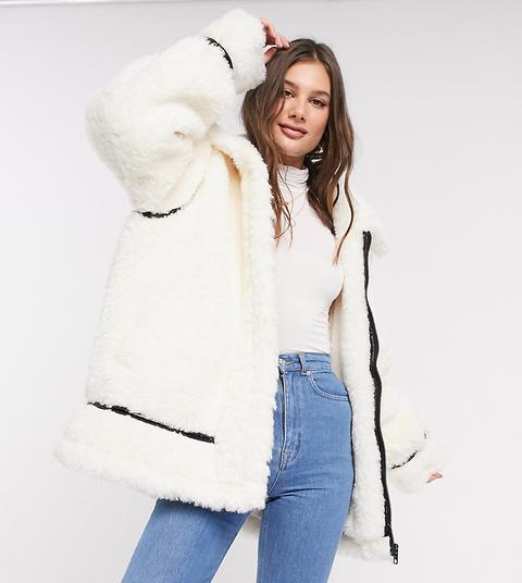 Asos Design Tall - Blouson Aviateur Imitation Peau De Mouton Avec Bordure Vernie - Crème-blanc