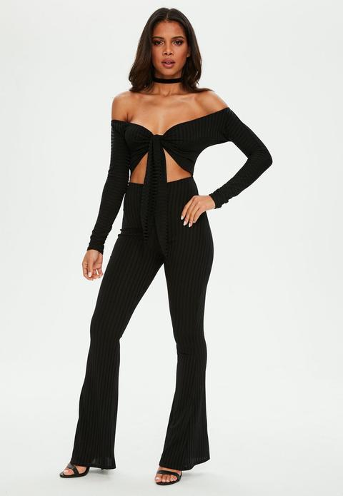 Black Tie Front Flare Leg Jumpsuit, Black from Missguided on 21 Buttons