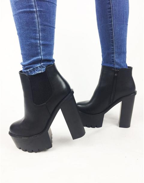 Botines Negros Con Plataforma Y Tacón