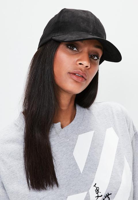 Black Faux Suede Baseball Cap, Black