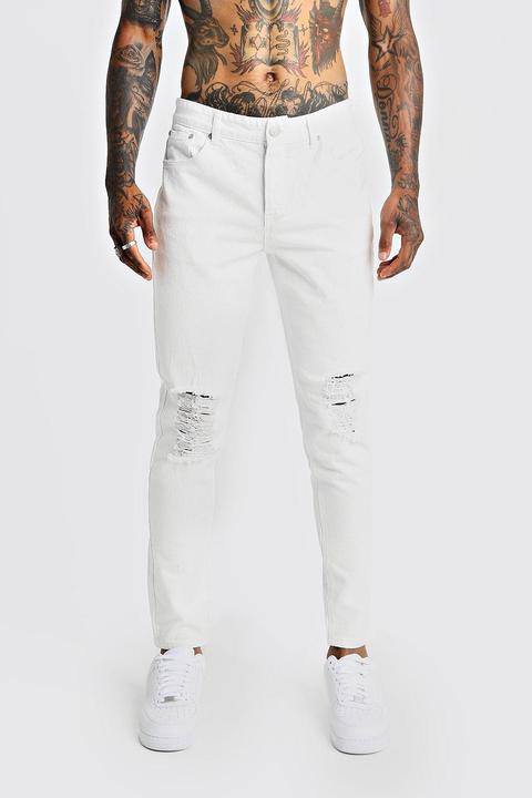 Jean Fuselé Ajusté En Denim À Genoux Déchirés Homme - Blanc - 32, Blanc