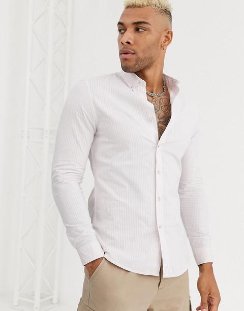 Topman - Chemise À Manches Longues Avec Col Grand-père - Rayures Blanches