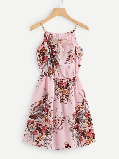 Vestido De Tirante De Cuello Con Cordón Con Estampado Floral Al Azar