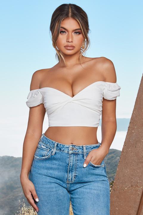 Fresh Crop Twist Front Puff Sleeve Crop Top In Oyster White