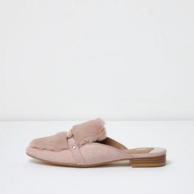 Pink Faux Fur Snaffle Backless Loafers