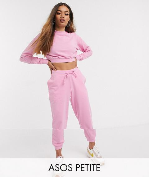 Asos Design Petite Tracksuit Cropped Sweat / Slim Jogger With Tie-pink