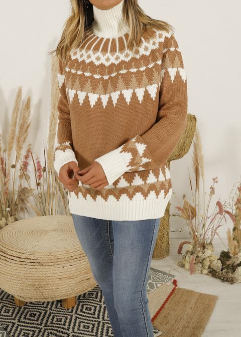 Jersey Cuello Alto Franjas Etnicas Blanco Camel