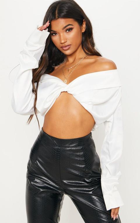 White Satin Bardot Twist Front Crop Blouse, White