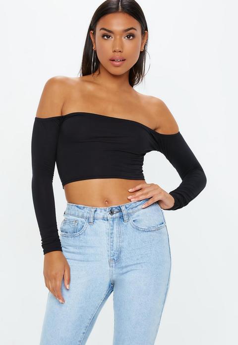 Black Long Sleeve Jersey Bardot Crop Top, Black