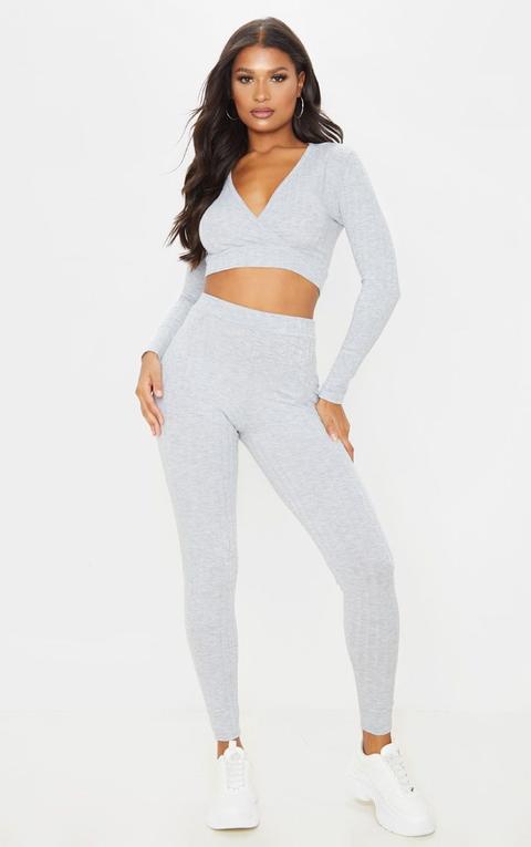 Grey Wrap Front Rib Knitted Lounge Set