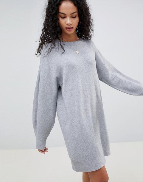 Asos Design - Strickkleid Mit Ballonärmeln - Grau