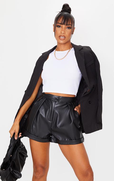 Black Faux Leather Pleat Detail Shorts