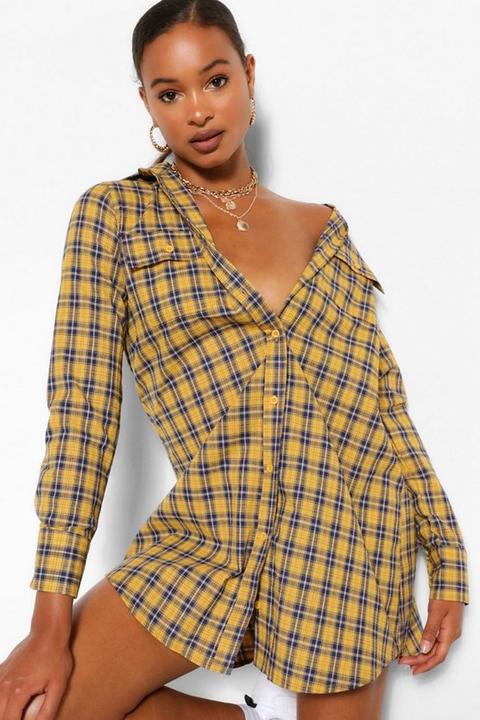Womens Long Sleeve Button Down Check Shirt Dress - Yellow - 8, Yellow