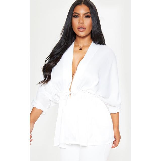 White Textured Woven Plunge Tie Waist 