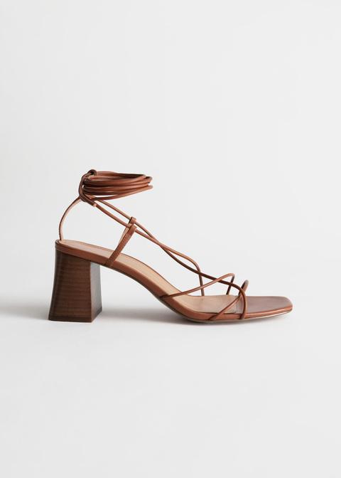 Leather Strappy Lace Up Heeled Sandals - Orange