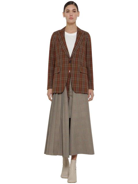 Check Wool Blend Jacket W/pleated Panel