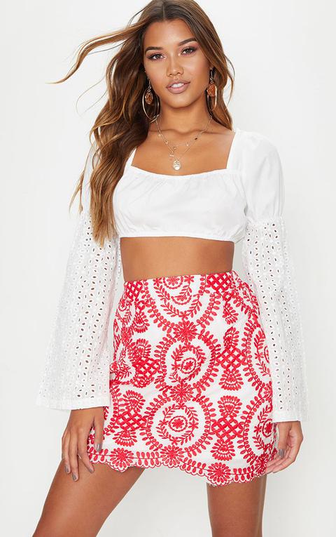 White Broderie Anglaise Sleeve Detail Bardot Crop Top, White