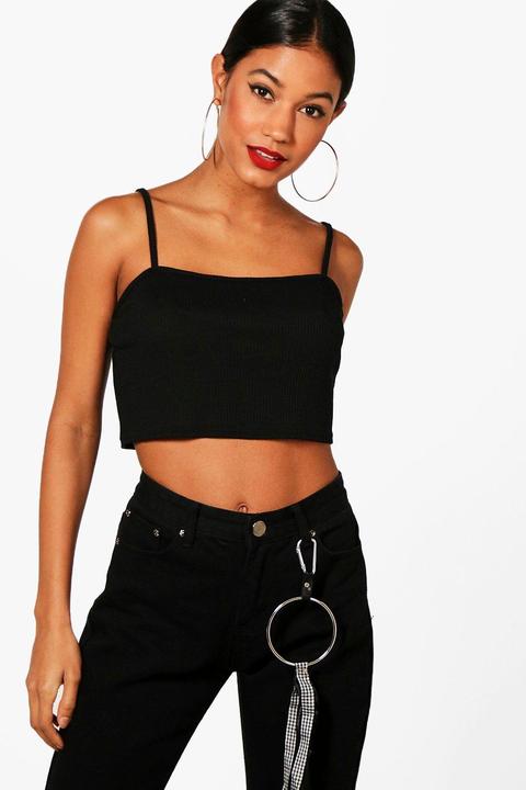 Square Neck Rib Knit Strappy Top