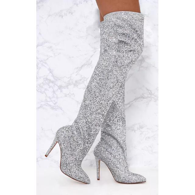 silver glitter thigh high boots