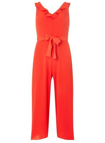 Womens Red Ruffle Strap Culottes Jumpsuit- Red, Red