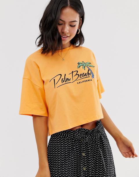 Asos Design T-shirt In Wash With Palm Beach Motif-orange