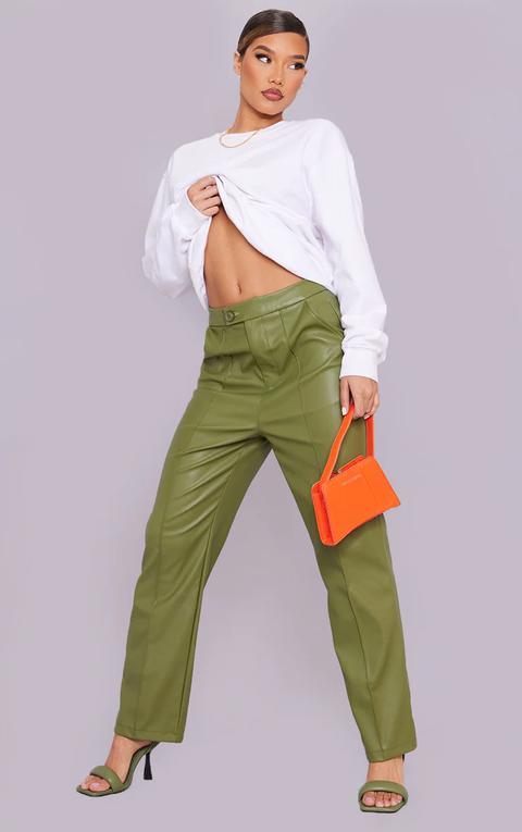 Khaki Faux Leather Pintuck Detail Straight Leg Trousers