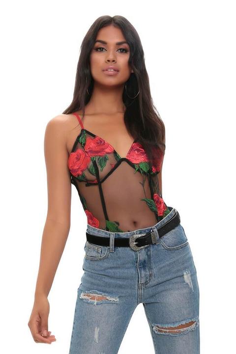 Black Embroidered Rose Bodysuit