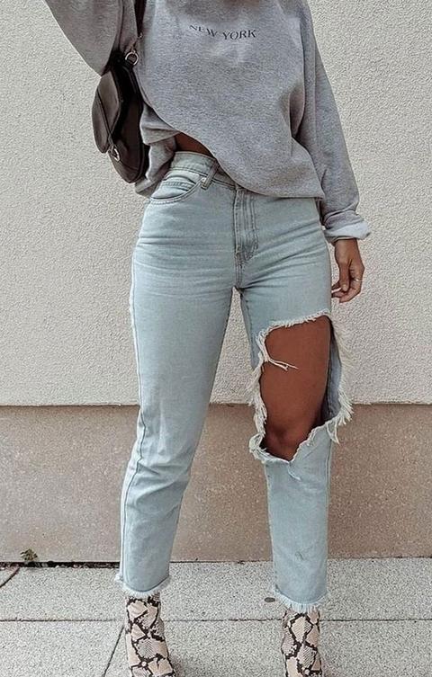 Blue Light Wash High Waisted Extreme Rip Knee Denim Jeans - Bayre