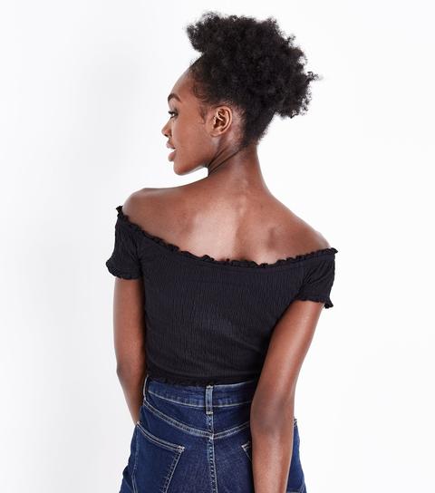 Black Shirred Bardot Neck Crop Top New Look