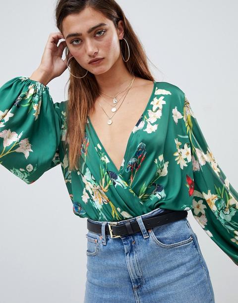 Asos Design - Body Con Scollo Profondo A Fiori - Multicolore