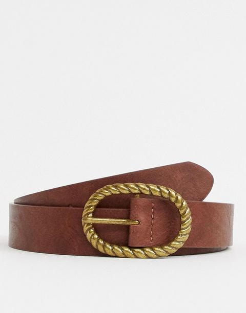 Asos Design - Cintura Slim In Pelle Sintetica Cuoio Vintage Con Fibbia Ovale Oro Brunito - Cuoio