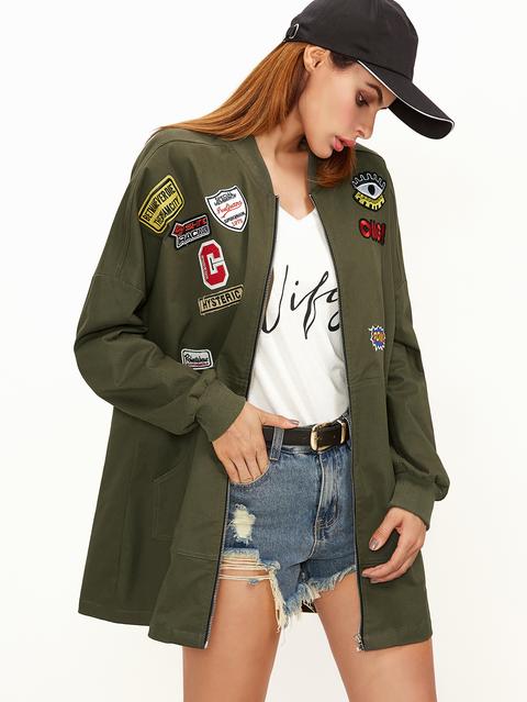 Olive Green Pocket Front Bomber Jacket With Patch Detail