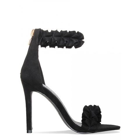 Wren Black Suede Ruffle Heels