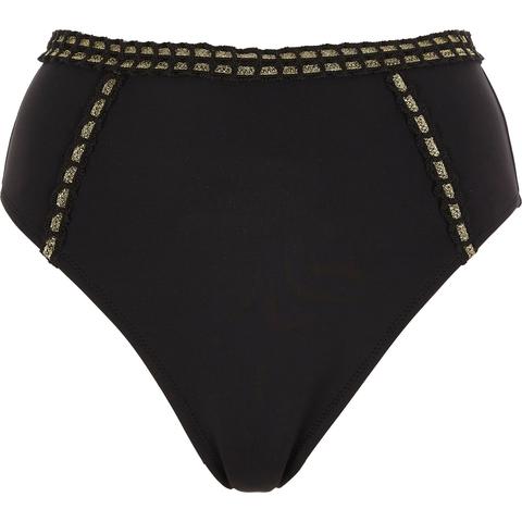 Black Metallic Trim High Waist Bikini Bottoms